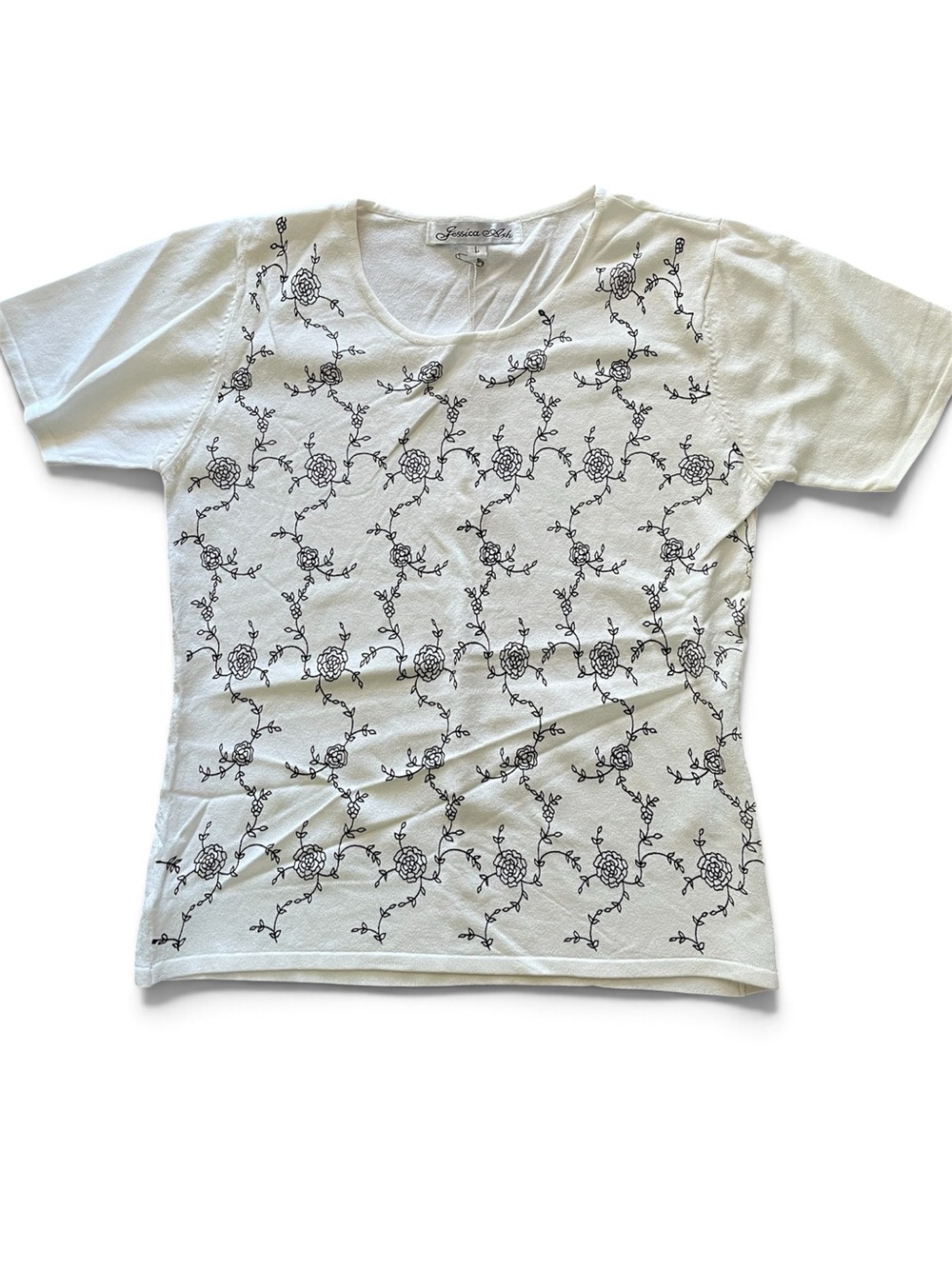 Jessica Ash White Short-Sleeve Tee with Black Floral Vine Print